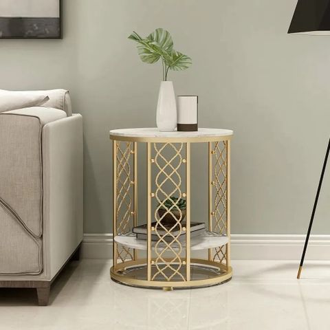 Modern White Round End Table With Storage Marble Side Table Metal In ... in 1 Drawer And 1 Open Shelf Round End Table, White And Gold
