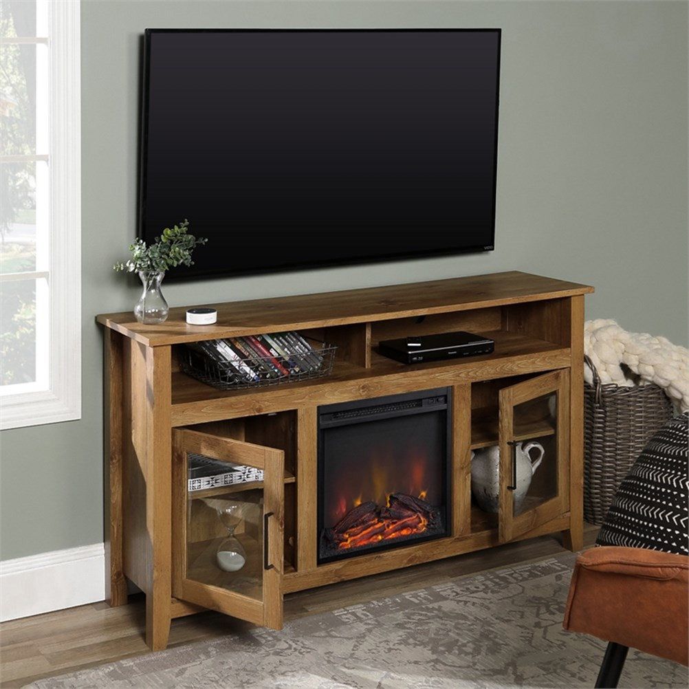Pemberly Row 58&quot; Mdf Transitional Fireplace Glass Wood Tv Stand ... in How barn door TV stands transform minimalist living room aesthetics