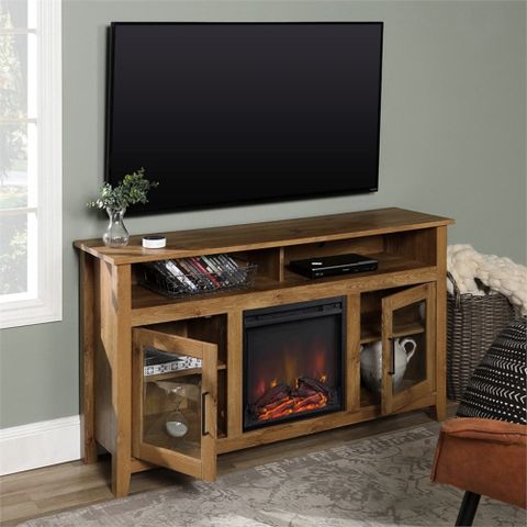 Pemberly Row 58" Mdf Transitional Fireplace Glass Wood Tv Stand ... in How barn door TV stands transform minimalist living room aesthetics