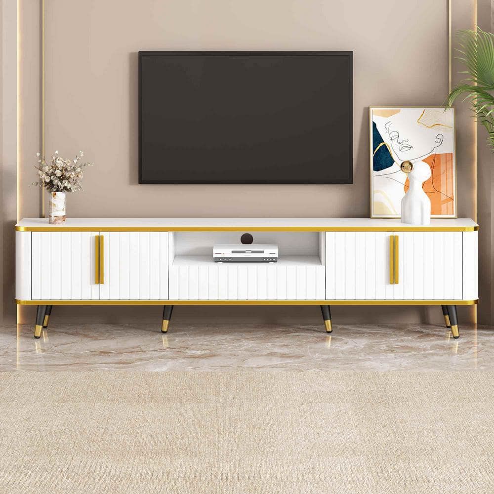 Polibi Modern White/Gold Tv Stand Fits Tv's Up To 85 In. With Open ... for Why Paramount White and Gold TV Stands Are Becoming Essential Furniture Pieces