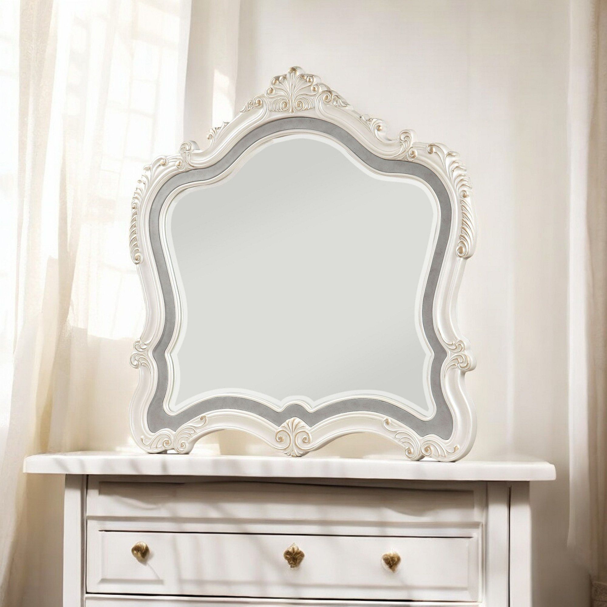 Rosdorf Park Chantelle Pearl White Finish Mirror | Wayfair pertaining to Chantelle Chest, Pearl White