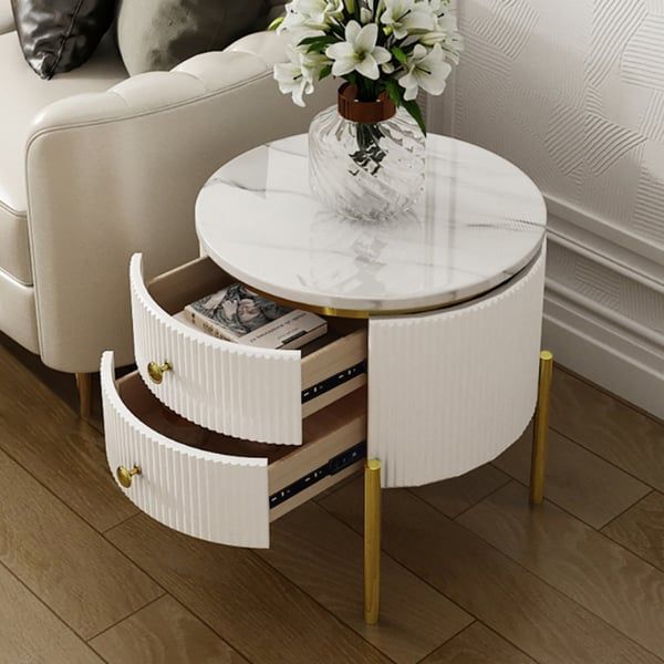 Yelly Modern Round End Table With Storage Drawers White Faux Marble ... inside Understanding the aesthetic appeal of black and white geometric marble tables