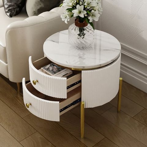 Yelly Modern Round End Table With Storage Drawers White Faux Marble ... inside Understanding the aesthetic appeal of black and white geometric marble tables