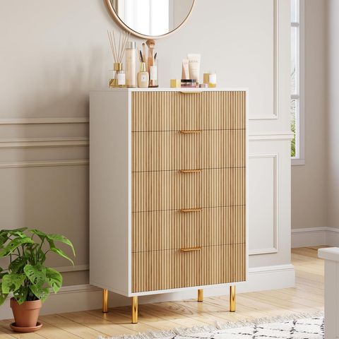 Yeshouse Modern White 5-Drawer Dresser With Stylish Wood Chest, Gold ... pertaining to Understanding the Versatility of Modern White and Black 5-Drawer Chest Solutions
