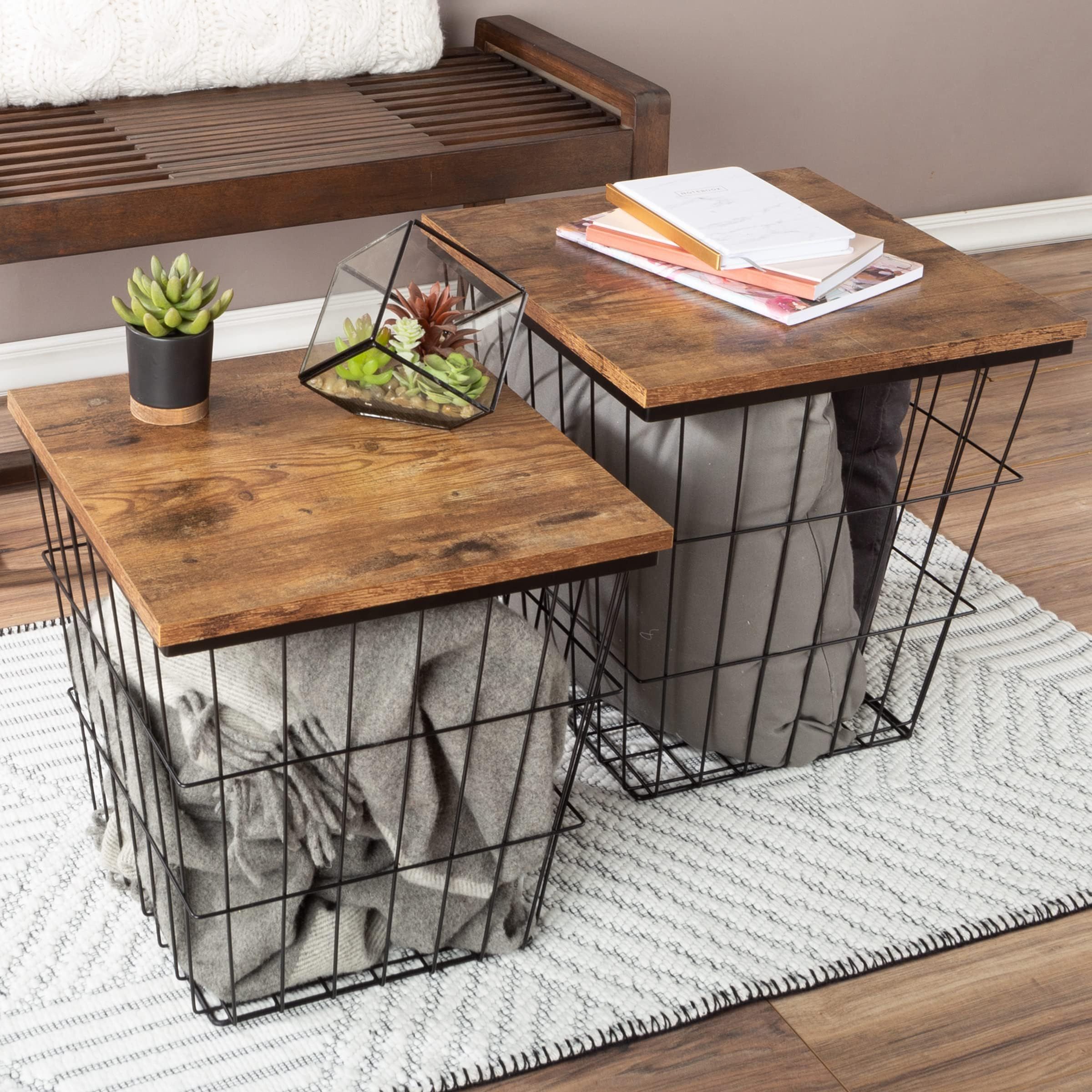 Amazon.com: Metal And Wood Side Basket Tables (Set Of 2) Grey Farmhouse ... with regard to Set Of Two Grey And Brown Wood And Metal Basket Round End Tables