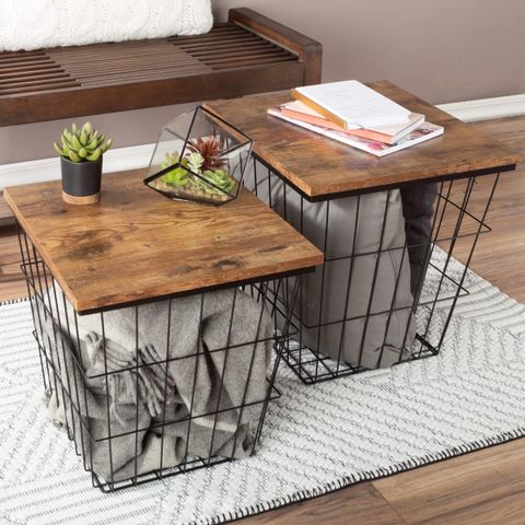 Amazon.com: Metal And Wood Side Basket Tables (Set Of 2) Grey Farmhouse ... with regard to Set Of Two Grey And Brown Wood And Metal Basket Round End Tables