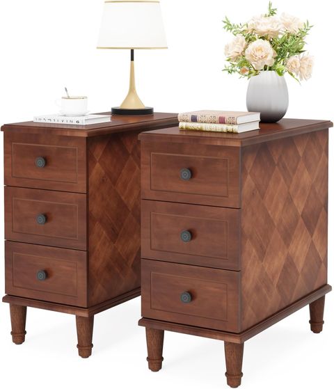 Amazon.com: Padma House Set Of 2 Solid Wood End Table With 2 Drawers ... inside John Paul Solid Wood W/Glass Top Round Accent Tables (Set Of 2)