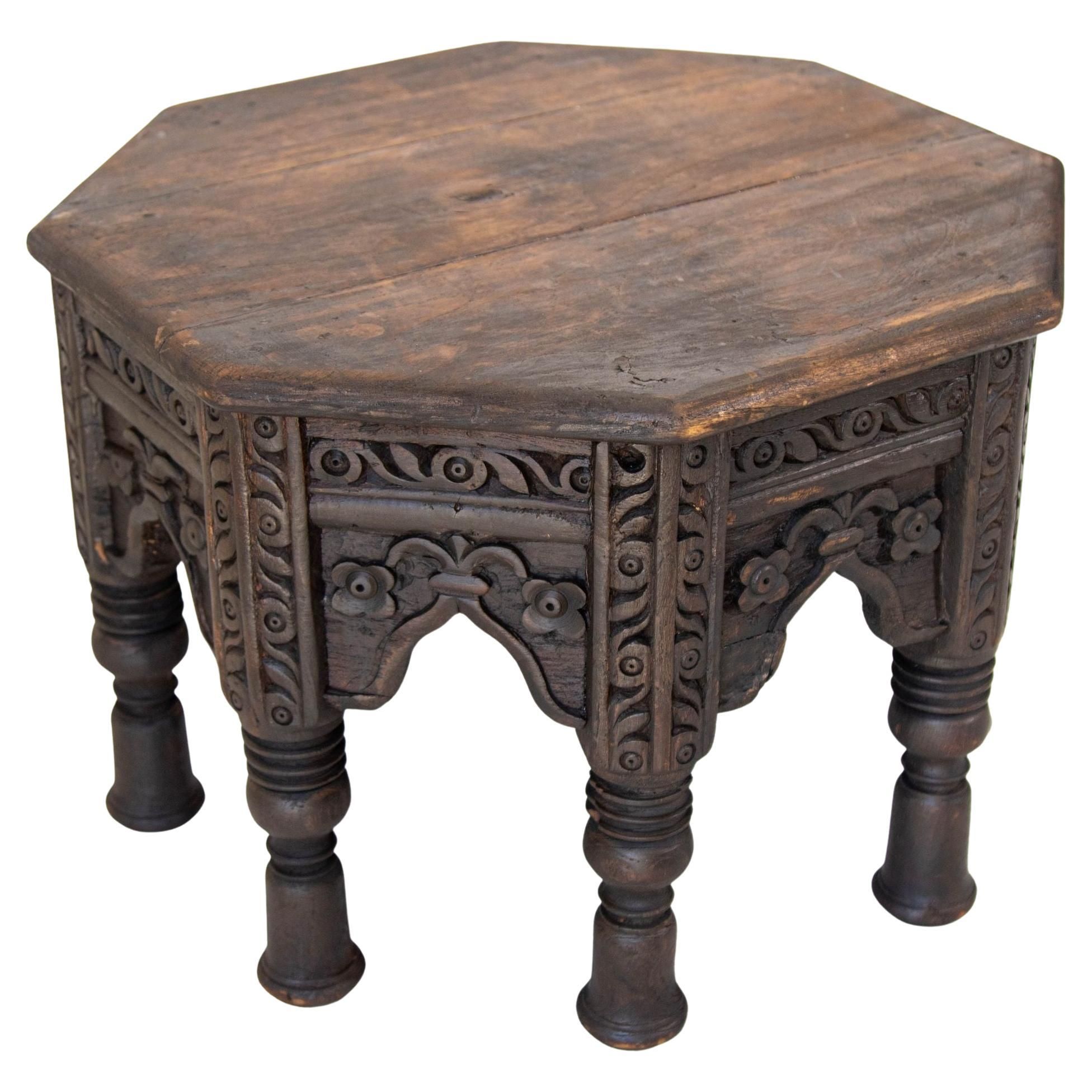 Antique 19Th C. Octagonal Moorish Side Table Hand-Carved With Geometric ... regarding Olta 18&quot; Farmhouse Side Table Carved Mango Wood Octagonal Top Antique Brown