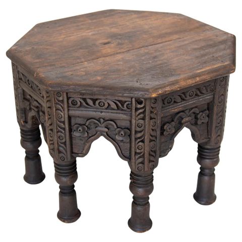 Antique 19Th C. Octagonal Moorish Side Table Hand-Carved With Geometric ... regarding Olta 18" Farmhouse Side Table Carved Mango Wood Octagonal Top Antique Brown