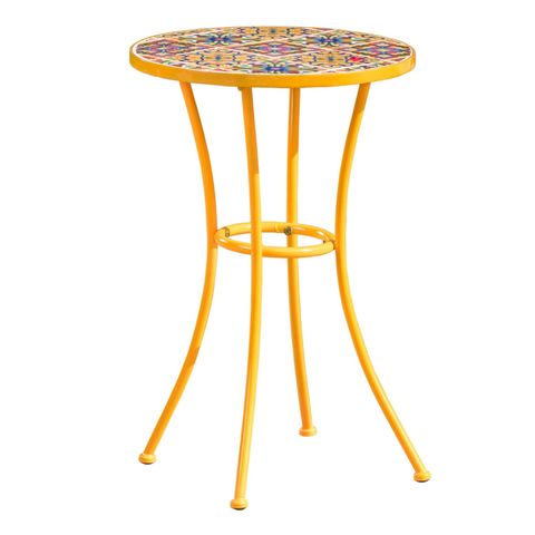 Benjara Outdoor Side End Table, 14 Inch Round Yellow Ceramic Tile ... throughout Gdf Studio 14" French Country Round Accent End Table, Ceramic Tile & Iron