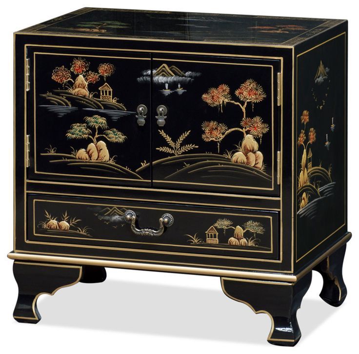 Black Chinoiserie Scenery Motif Accent Cabinet - Asian - Accent Chests ... in Chinese Black Golden Flowers Side Cabinet End Table Nightstand Hcs7081