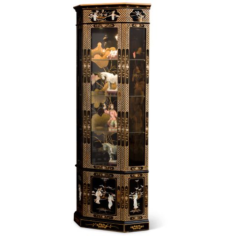 Black Lacquer Mother Of Pearl Ladies Motif Chinese Corner Display ... within Mastering the Techniques Used in Creating 60 Black Lacquer Pearl Figure Motif China Cabinets