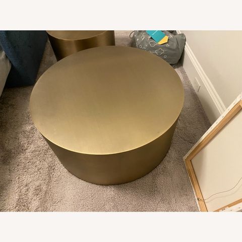 Brushed Bronze Drum Table - Aptdeco inside Modern Oxidized Copper Bronze Drum Table Metal Round Acid Washed