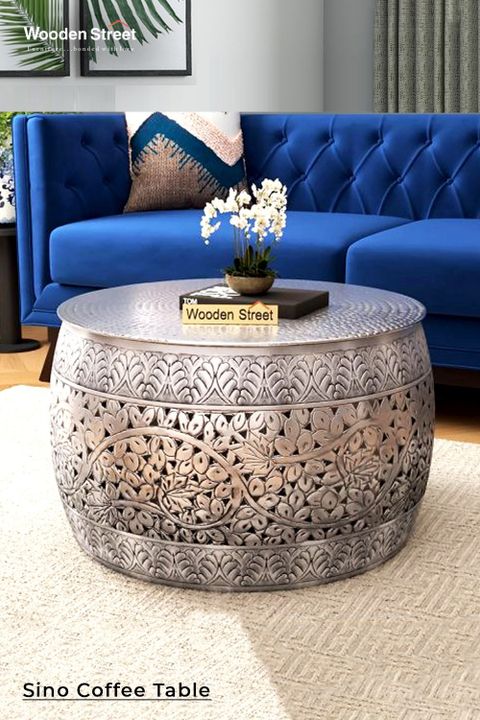 Buy Sino Floral Engraved Metal Center Table @59% Off Online | Wooden ... with Floral Bone Inlay Blue 12 Inch Accent Table / End Table For Living Room