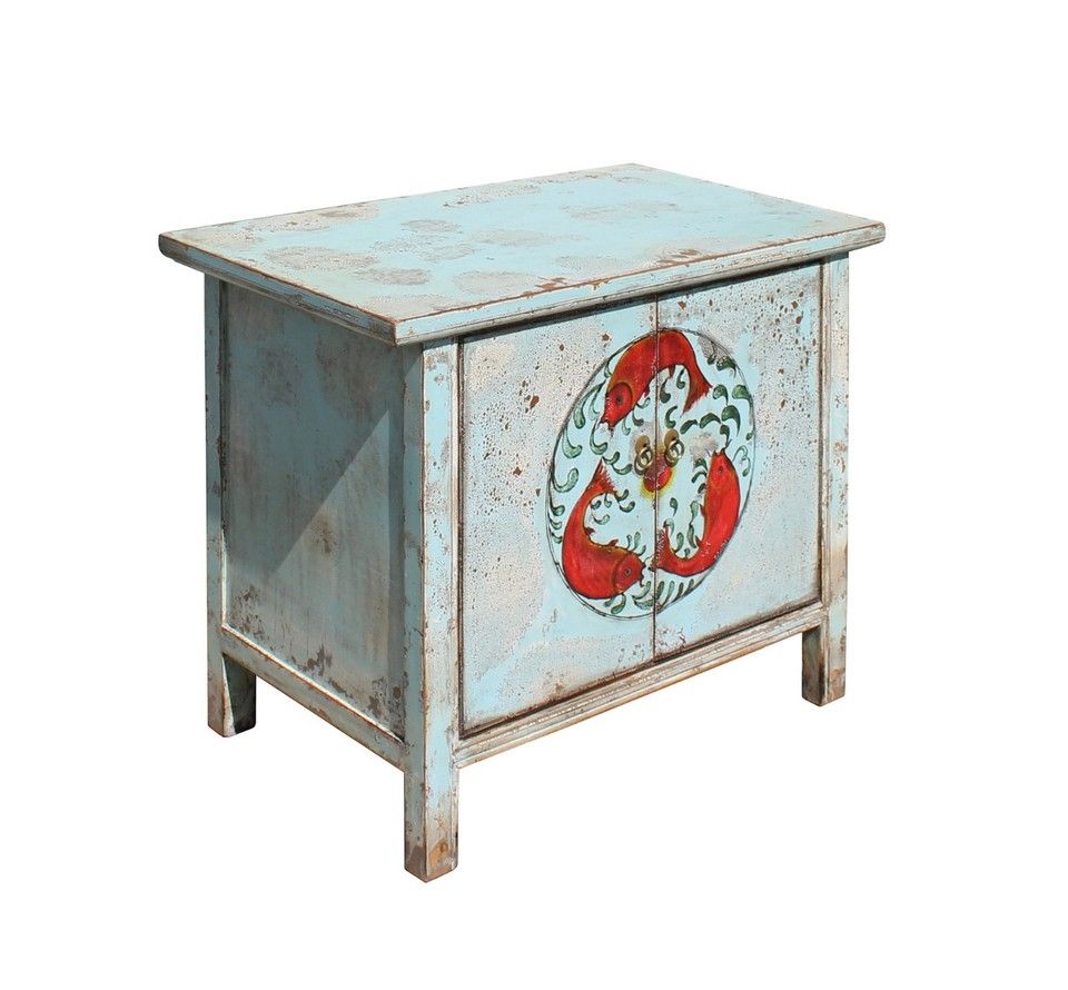 Exploring the Artistic Heritage Behind Chinese Distressed Light Pale Blue Fishes Graphic Table Cabinet Hcs3929