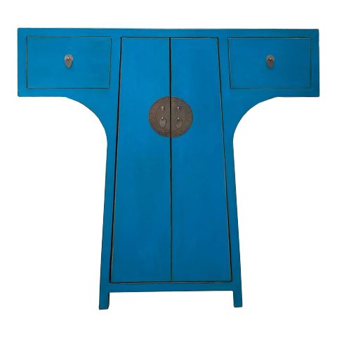 Chinese Moon Face T-Shape Benitoite Blue Drawers Side Table Cabinet ... inside Chinese Simple Narrow Pastel Blue 2 Drawers Side Table Cabinet Hcs7428
