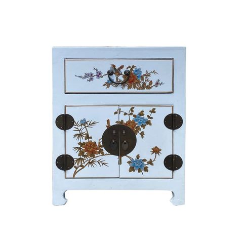 Chinese Off White Vinyl Moon Face Flower Bird End Table Nightstand ... in Understanding the Charm of Chinese Bright Blue Vinyl Moon Face Flower Birds End Table Nightstand Hcs7131