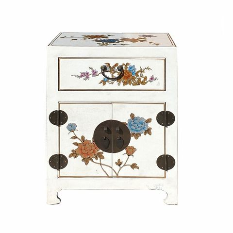 Chinese Off White Vinyl Moon Face Flower Birds End Table | Etsy with regard to Chinese Off White Vinyl Moon Face Flower End Table Nightstand Hcs7130