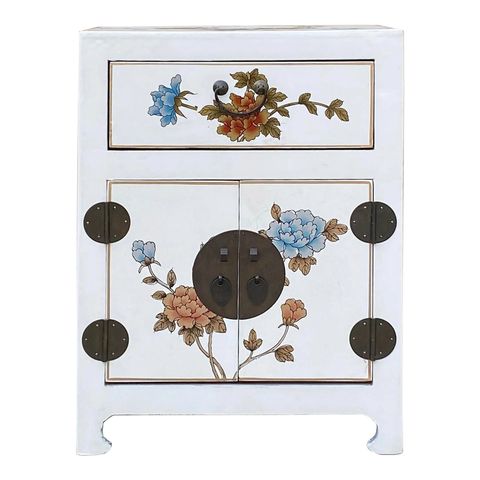 Chinese Off White Vinyl Moon Face Flower Birds End Table Nightstand ... intended for Understanding the Charm of Chinese Bright Blue Vinyl Moon Face Flower Birds End Table Nightstand Hcs7131