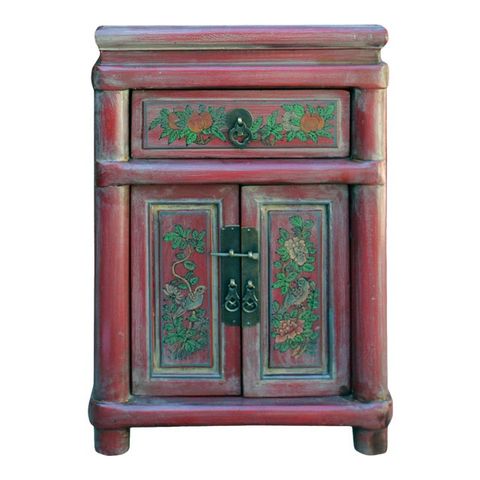 Chinese Rustic Distressed Pink Red Graphic End Table Nightstand | Chairish in Chinese Distressed Brick Red Flower Birds Graphic End Table Nightstand Hcs7608