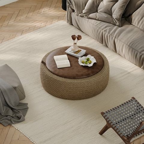 Coastal Round Woven Rope Drum Coffee Table In Brown With Storage | Homary with Luxe Minimalist Twisted Sea Grass Rope Drum Accent Table Natural Coastal Round