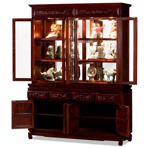 Dark Cherry Elmwood Dragon Oriental China Cabinet for Dark Cherry Grand Elmwood Asian Moon Curio Stand
