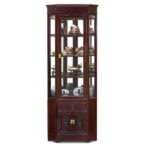 Dark Cherry Rosewood Corner Display Cabinet regarding Dark Cherry Grand Elmwood Asian Moon Curio Stand