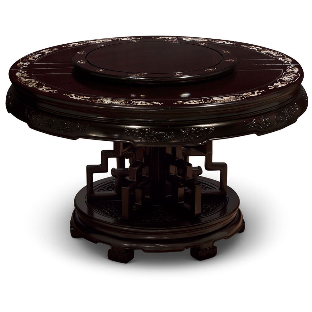 Dark Cherry Rosewood Mother Of Pearl Motif Round Oriental Dining Set 8 ... with Rosewood Queen Ann Dark Brown Mother Of Pearl Motif Chinese Palace Pedestal