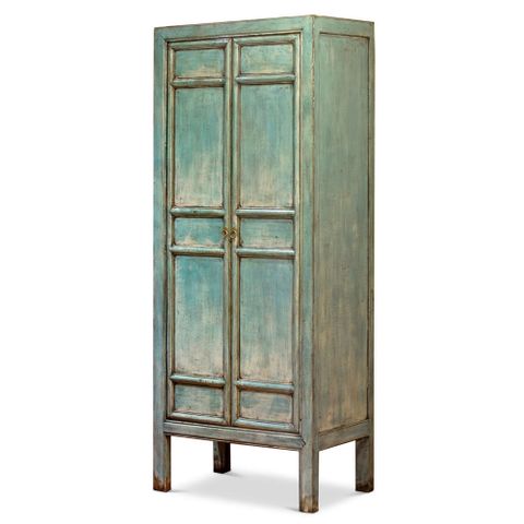 Distressed Light Blue Elmwood Chinese Mandarin Armoire within Chinese Distressed Light Pale Blue Fishes Graphic Table Cabinet Hcs3929