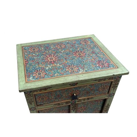 Distressed Pastel Green Turquoise Tibetan Floral End Table Nightstand ... pertaining to Distressed Teal Green Blue Flowers Graphic 4 Drawers End Table Nightstand Cs7357