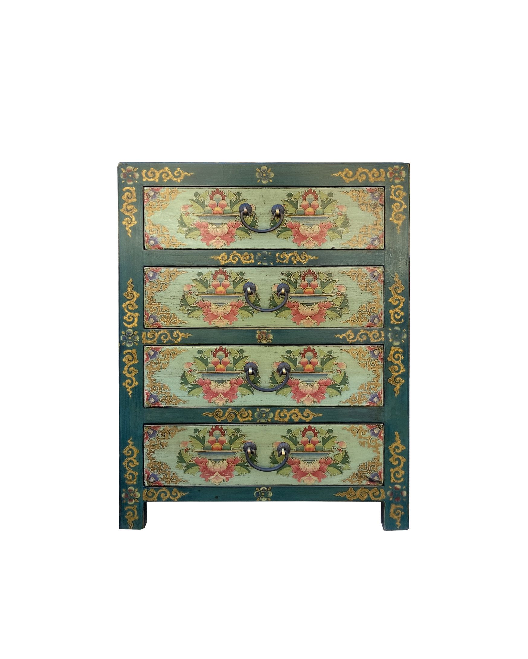 Maximizing Storage and Style with Distressed Teal Green Blue Flowers Graphic 4 Drawers End Table Nightstand cs7357