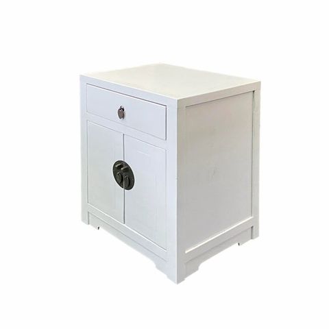 Distressed White Lacquer Moonface End Table Nightstand Cabinet | Chairish with Chinese Off White Vinyl Moon Face Flower End Table Nightstand Hcs7130