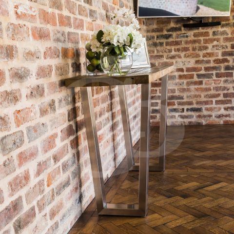 Egb724 New Detroit Reclaimed Elm Wood Console Table With Brushed Steel ... throughout Blackpool Reclaimed Elm & Brushed Steel Martini End Table