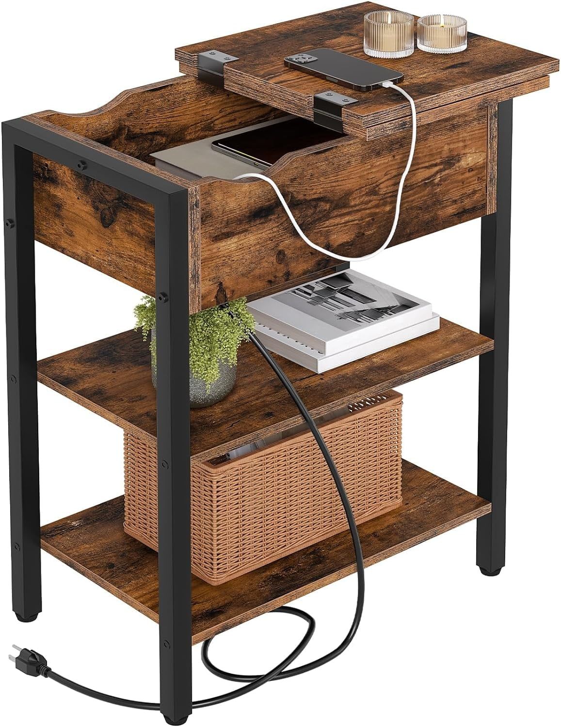 End Table With Charging Station, Narrow Side Table, Flip Top Nightstand ... regarding Linon Bartow Wood Storage Accent Table Usb Charging Station In Hazelnut Brown