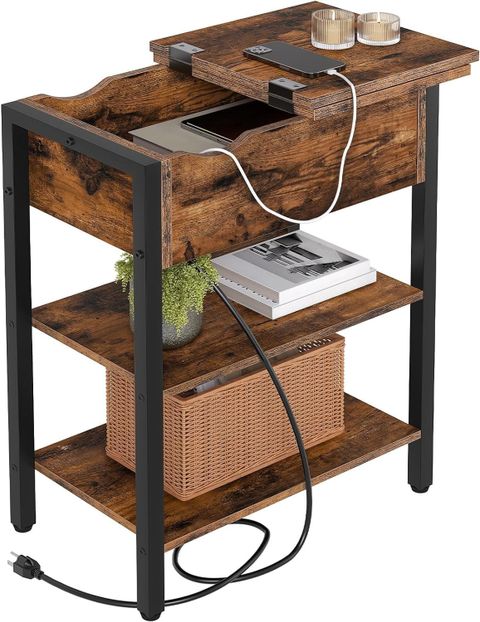 End Table With Charging Station, Narrow Side Table, Flip Top Nightstand ... regarding Linon Bartow Wood Storage Accent Table Usb Charging Station In Hazelnut Brown