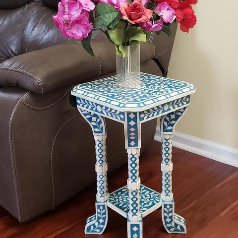 Floral Bone Inlay Blue 12 Inch Accent Table / End Table For Living Room ... with The Craftsmanship of Handcrafted Floral Inlay Woodwork
