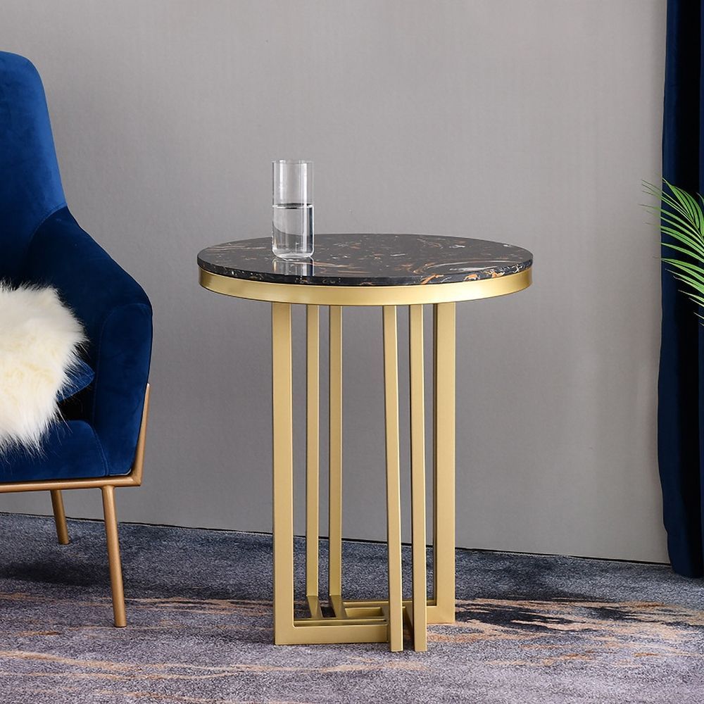Gold Round End Table With Marble Top Side Table Metal | Homary | Marble ... throughout Luxe Tapered Espresso Wood Black Glass Top Accent Table Gold Metal Vintage Style