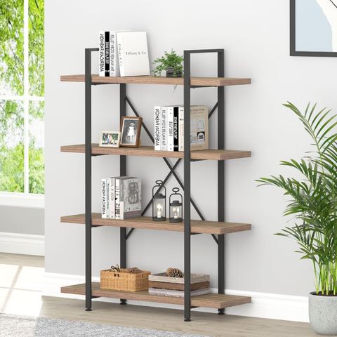 Hsh Industrial 4 Tier Bookshelf, Modern Metal And Wood 4 Shelf Bookcase ... regarding Rustic Modern Industrial Urban Etagere Steel Reclaimed Wood Shelves Open