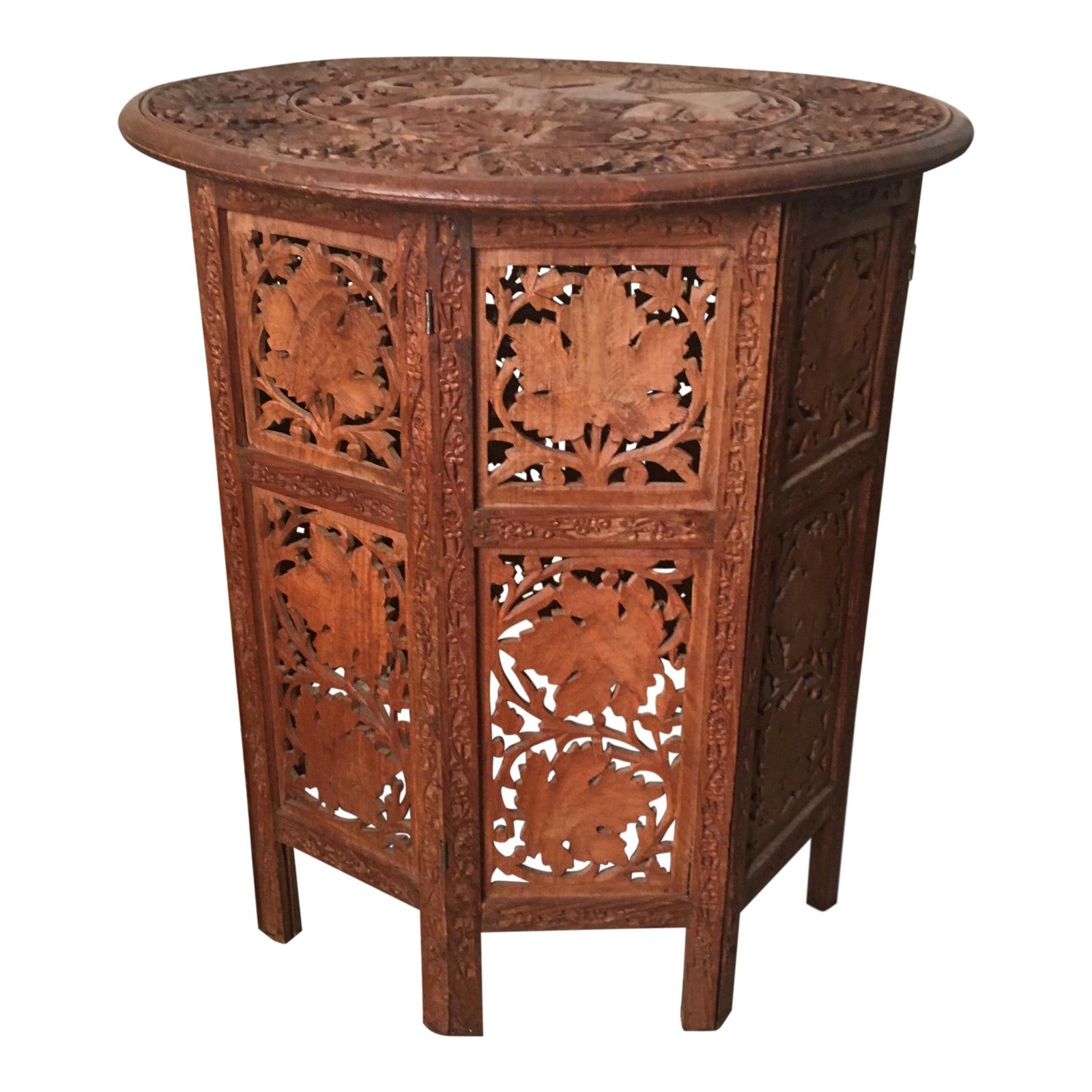 Indian Hand-Carved Wood Folding Octagonal Side Table | Chairish throughout Traditional woodworking techniques used in handmade mango wood pieces