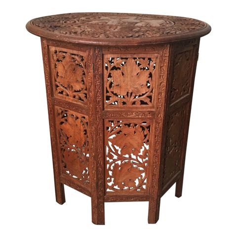 Indian Hand-Carved Wood Folding Octagonal Side Table | Chairish throughout Traditional woodworking techniques used in handmade mango wood pieces