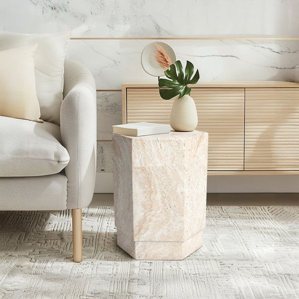 Exploring the Artistry of Hexagonal Travertine Stone Finish Italian Design MgO Side Accent Table