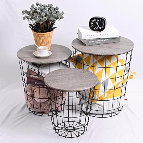 Lantaly Nesting Retro Wire Coffee Tables Stacking Storage Convertible ... intended for Set Of Two Grey And Brown Wood And Metal Basket Round End Tables