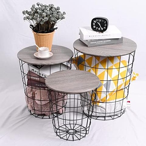 Lantaly Nesting Retro Wire Coffee Tables Stacking Storage Convertible ... intended for Set Of Two Grey And Brown Wood And Metal Basket Round End Tables