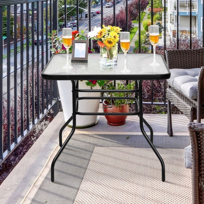 Lark Manor 32 Inch Patio Tempered Glass Steel Frame Square Table | Wayfair regarding Modern 31.5&quot; Patio Tempered Glass Steel Frame Square Table