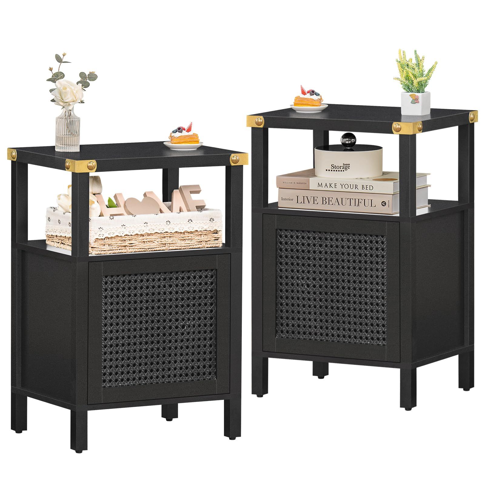 Lerliuo Rattan Nightstands Set Of 2, Side End Table With Handmade ... with regard to Simple Oriental Black Open Shelf End Table Nightstand Small Cabinet Hcs7667