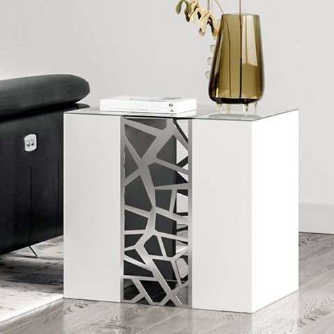 Liera End Table throughout Liera End Table Glass Top White Lacquer Base Stainless Steel Cutout Details