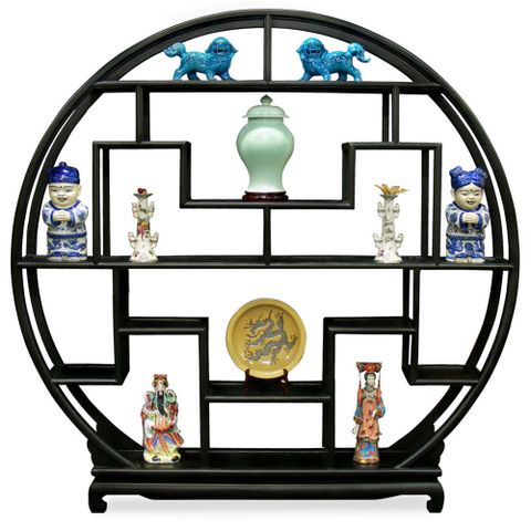 Matte Black Grand Elmwood Moon Curio Stand intended for Dark Cherry Grand Elmwood Asian Moon Curio Stand