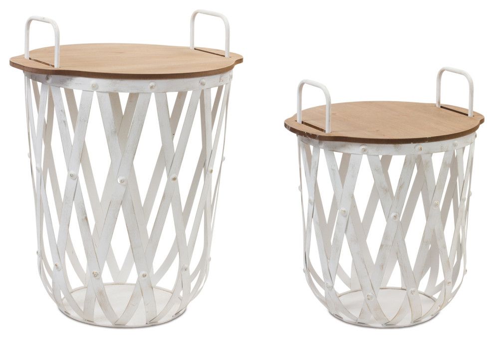 Metal And Wood Side Basket Tables, 2-Piece Set - Farmhouse - Side ... inside Set Of Two Grey And Brown Wood And Metal Basket Round End Tables