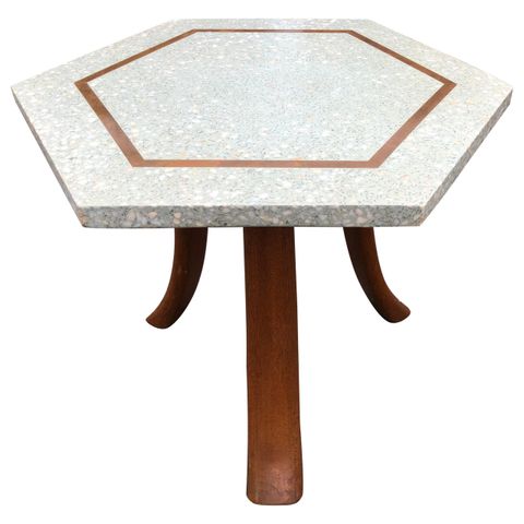 Mid-Century Modern Hexagon Oiled Walnut Base Round Top Side End Table ... pertaining to Creating Visual Balance with Geometric Table Designs