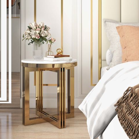 Modern Round Marble-Top End Table Side Table In White & Gold|Homary regarding Creating Visual Interest with White and Antique Gold Accent Pieces